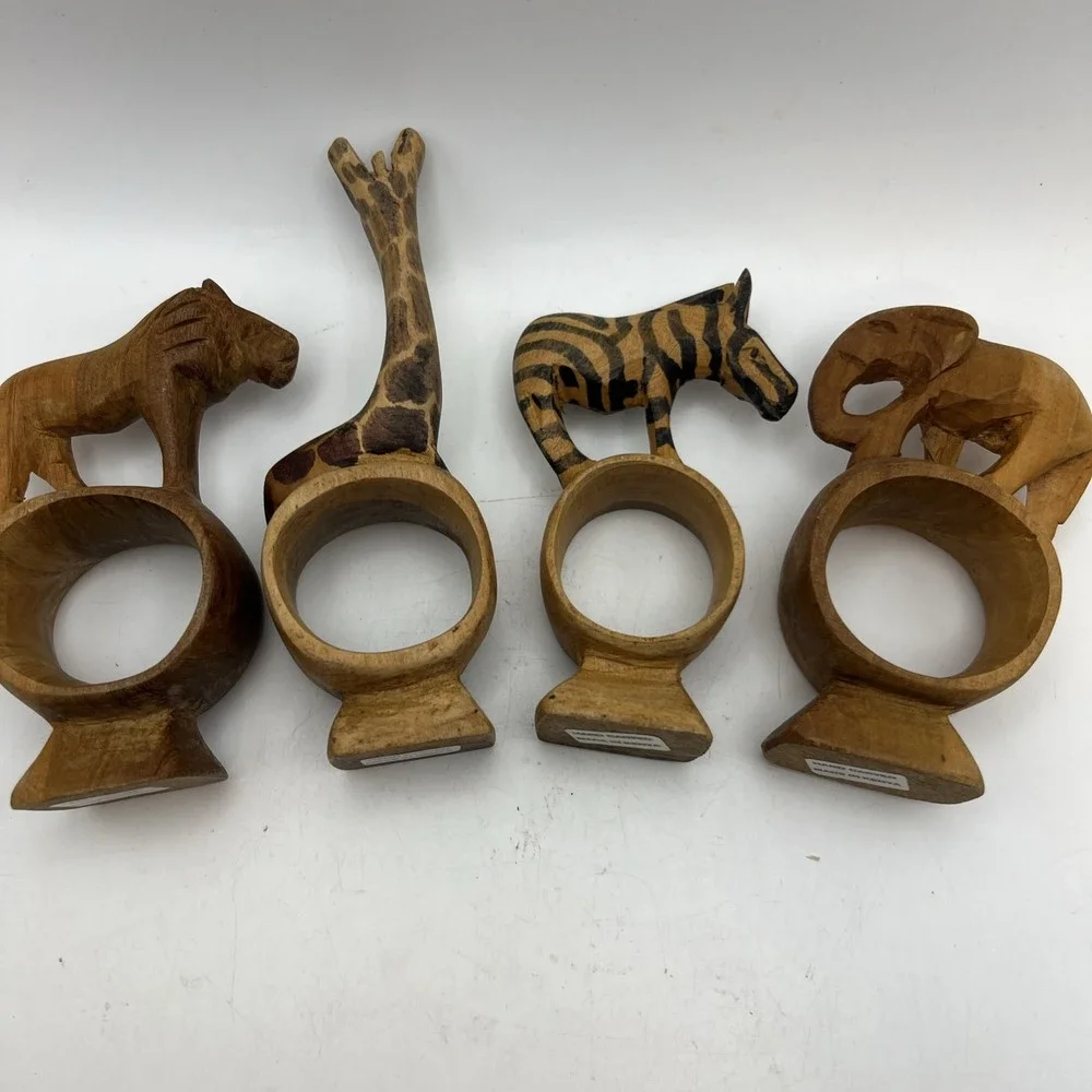 Set of 4 Vintage Hand Carved African Safari Animal Wooden Napkin Rings Footed
